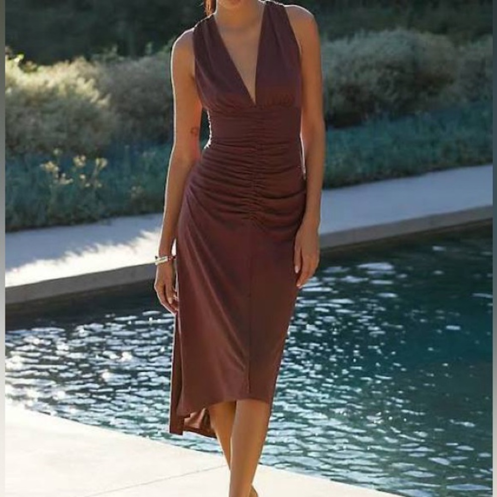 Anthropologie ruched v neck cross strap dress-Large-NWT-Cocoa